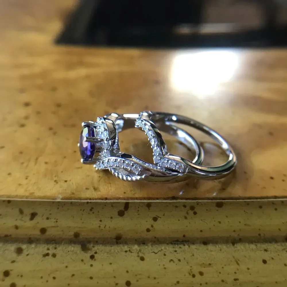 Natural Amethyst Moissanite Sterling Silver Ring Set Size 5